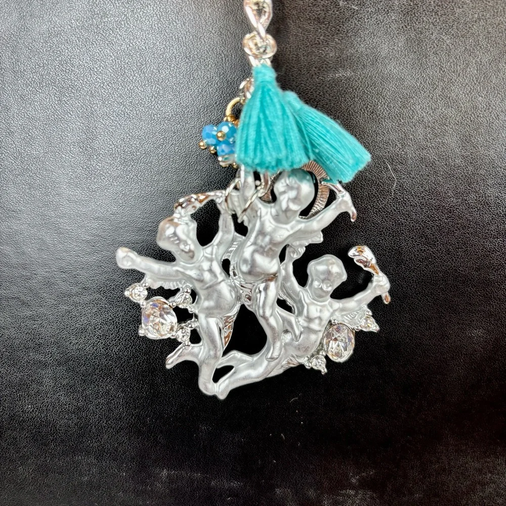 Silver Cherub‎ Keychain with Teal Tassels & Rhinestone Accents Hand Crafted